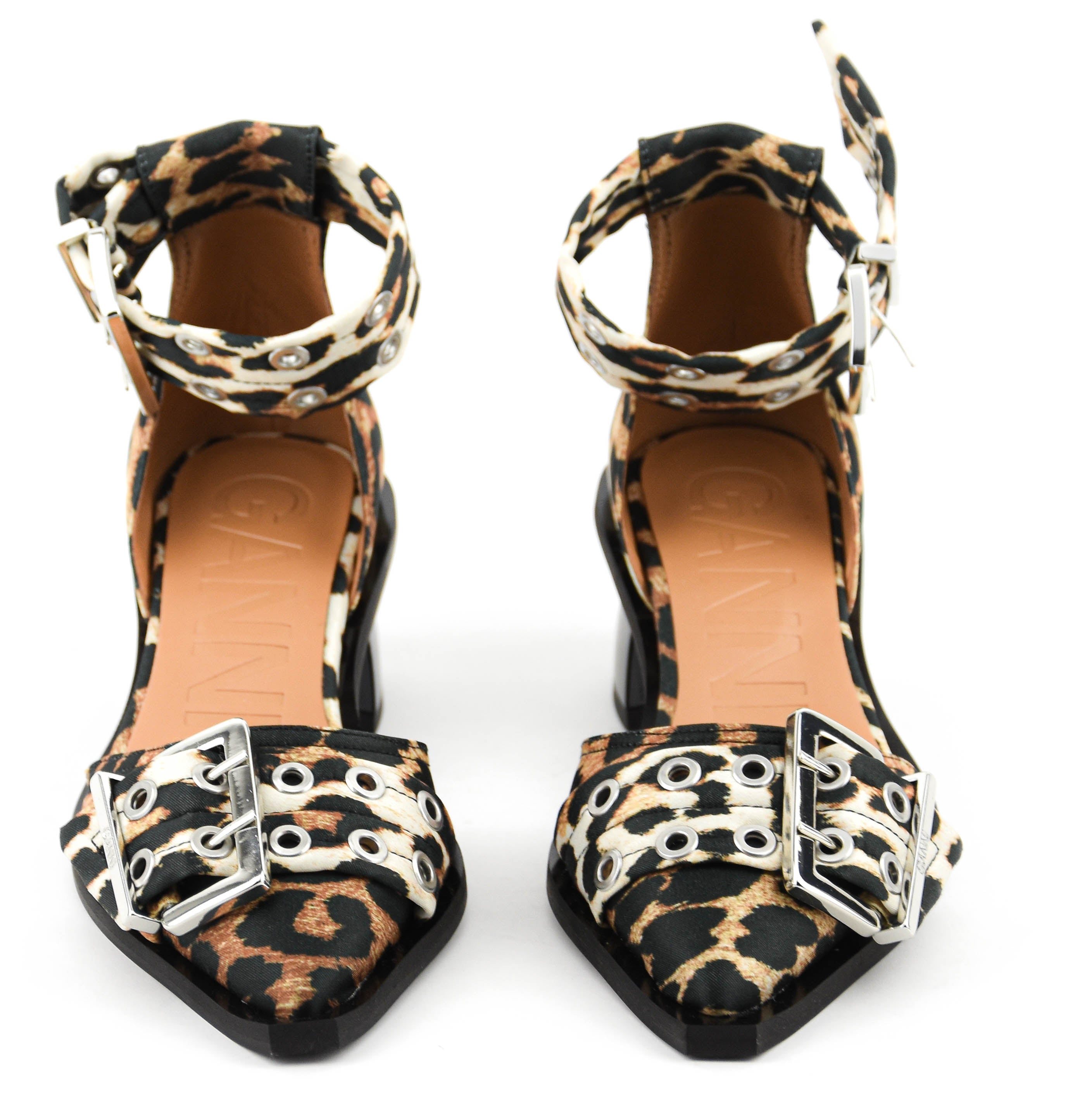 GANNI LEOPARD FEMININE BUCKLE OPEN CUT PUMPS