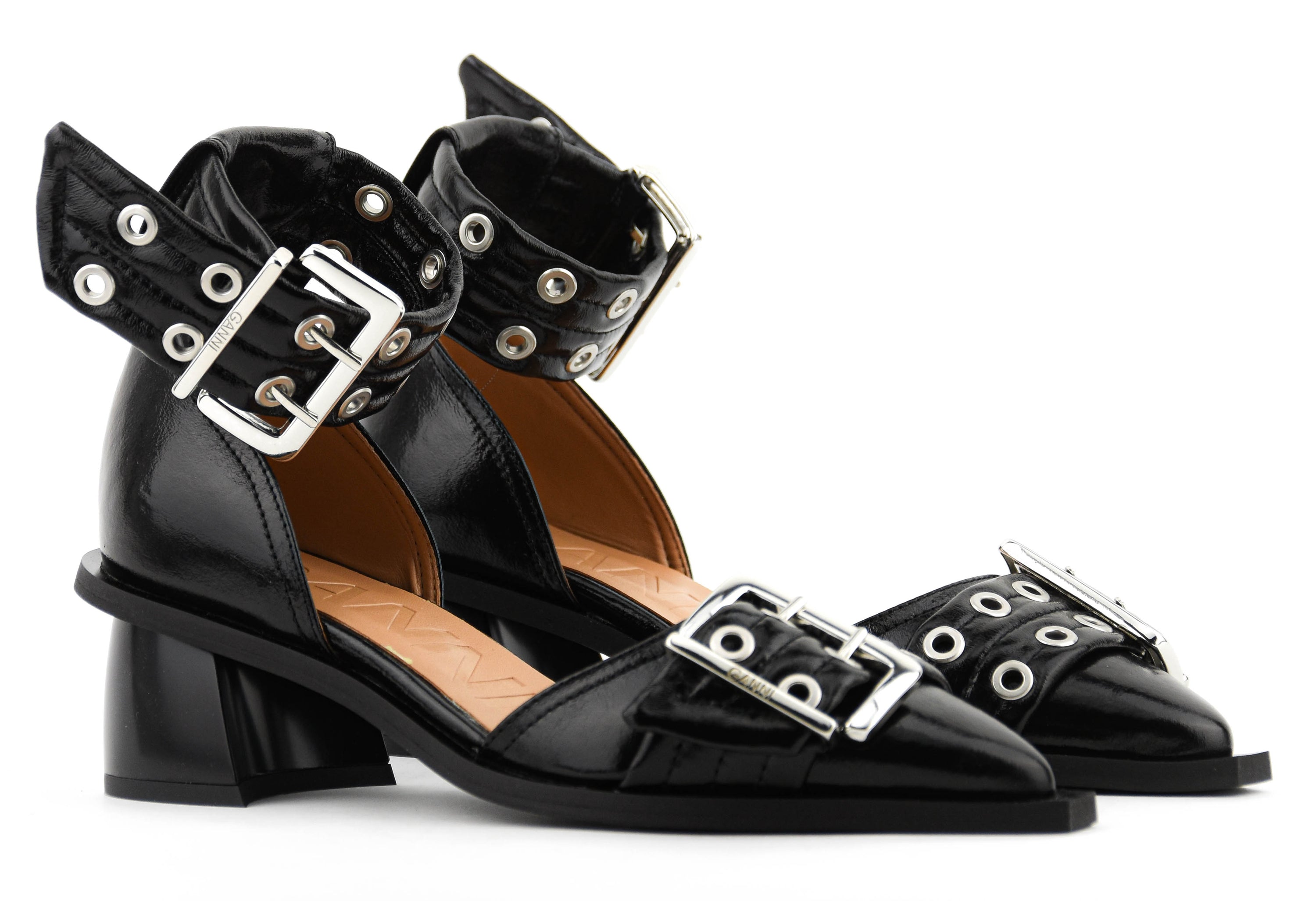 GANNI FEMININE BUCKLE OPEN CUT PUMPS BLACK