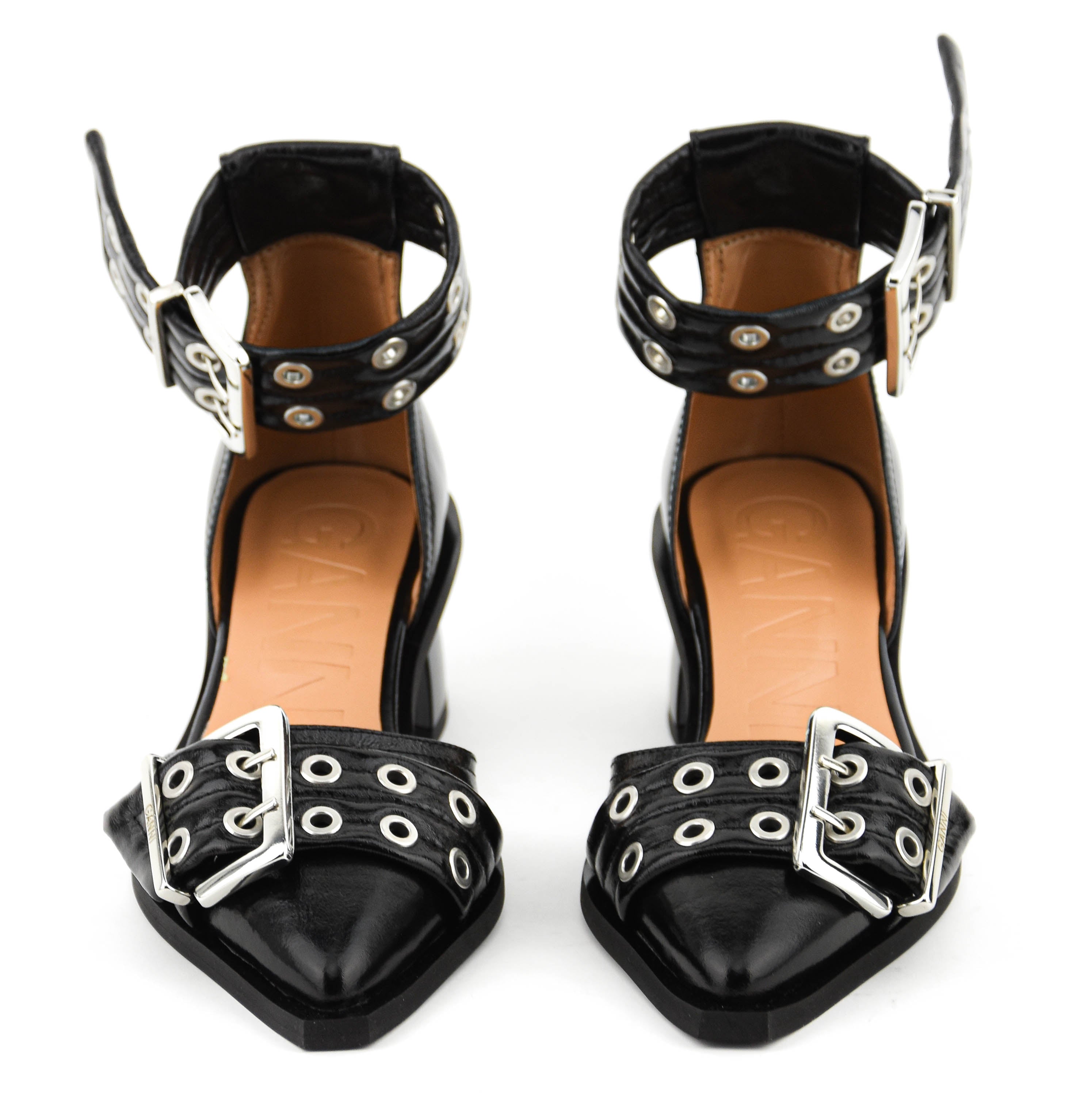 GANNI FEMININE BUCKLE OPEN CUT PUMPS BLACK