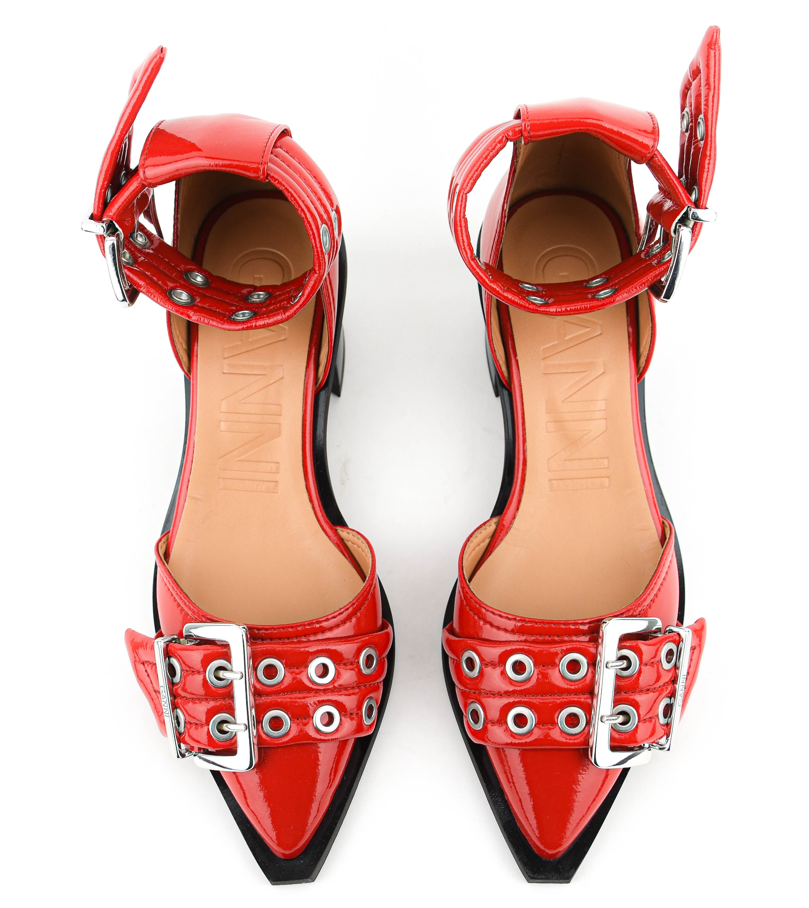 GANNI FEMININE BUCKLE OPEN CUT PUMPS RACING RED