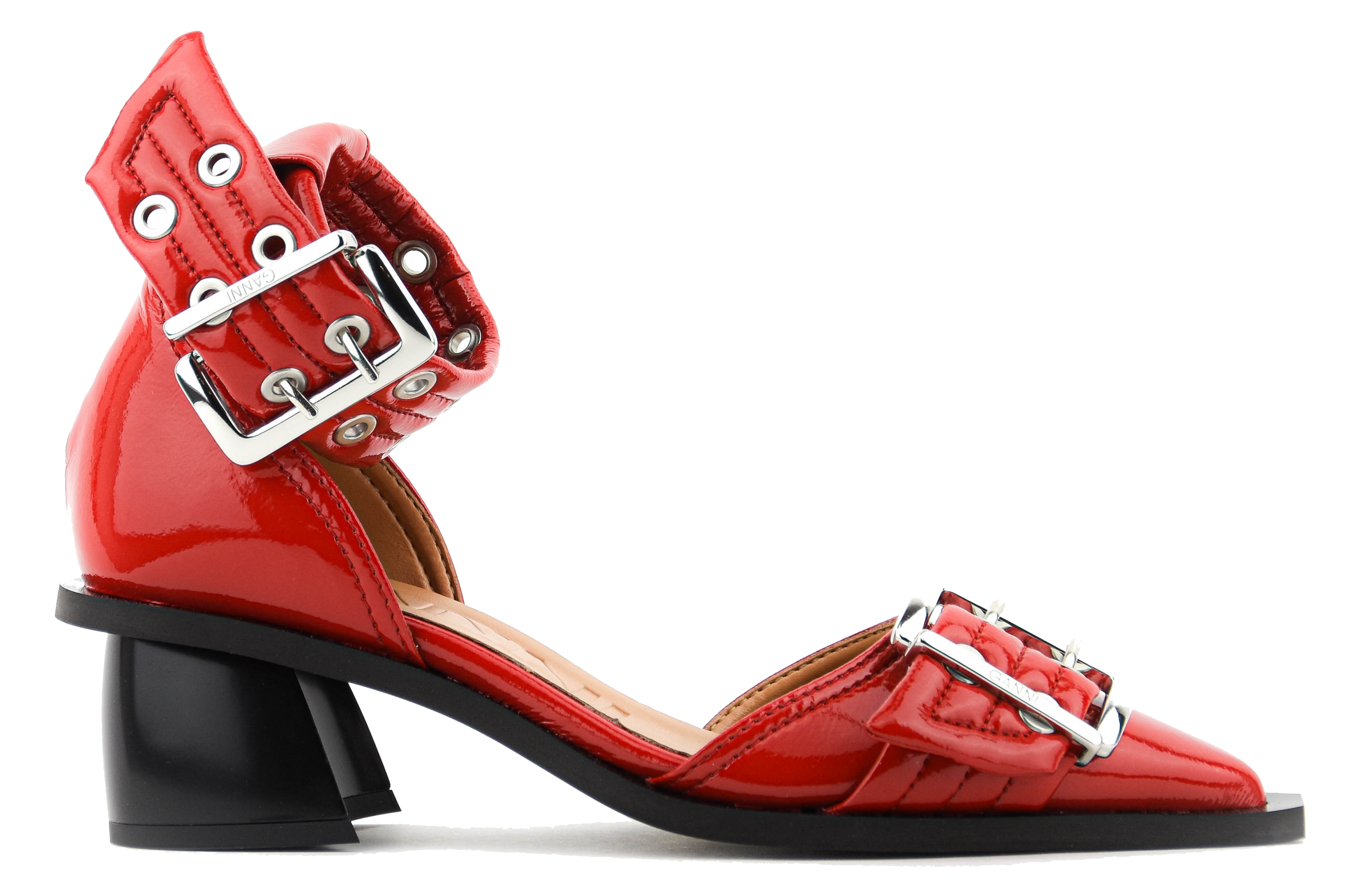 GANNI FEMININE BUCKLE OPEN CUT PUMPS RACING RED