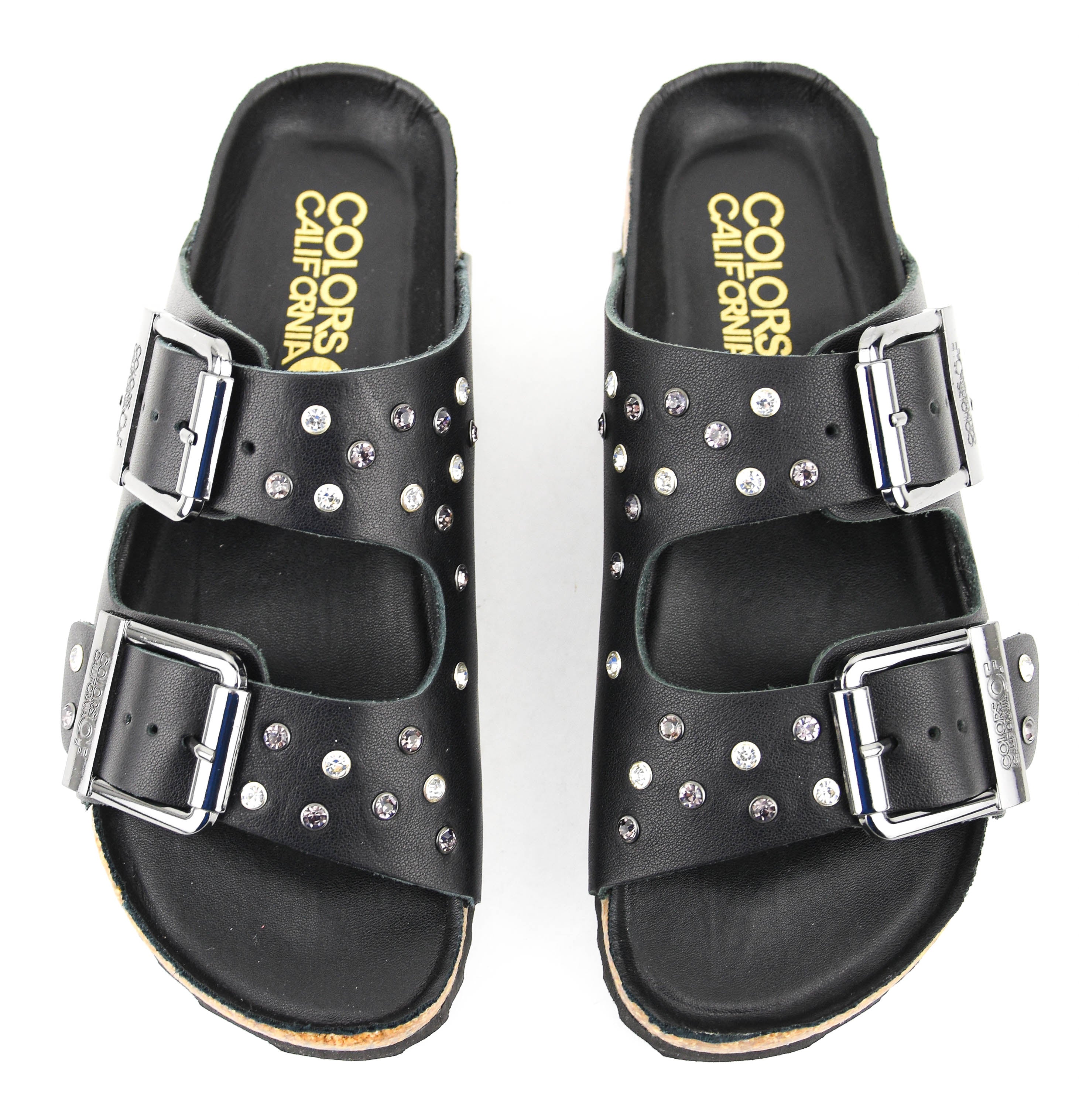 COLORS OF CALIFORNIA TWO BUCKLE LEATHER STRASS BLACK