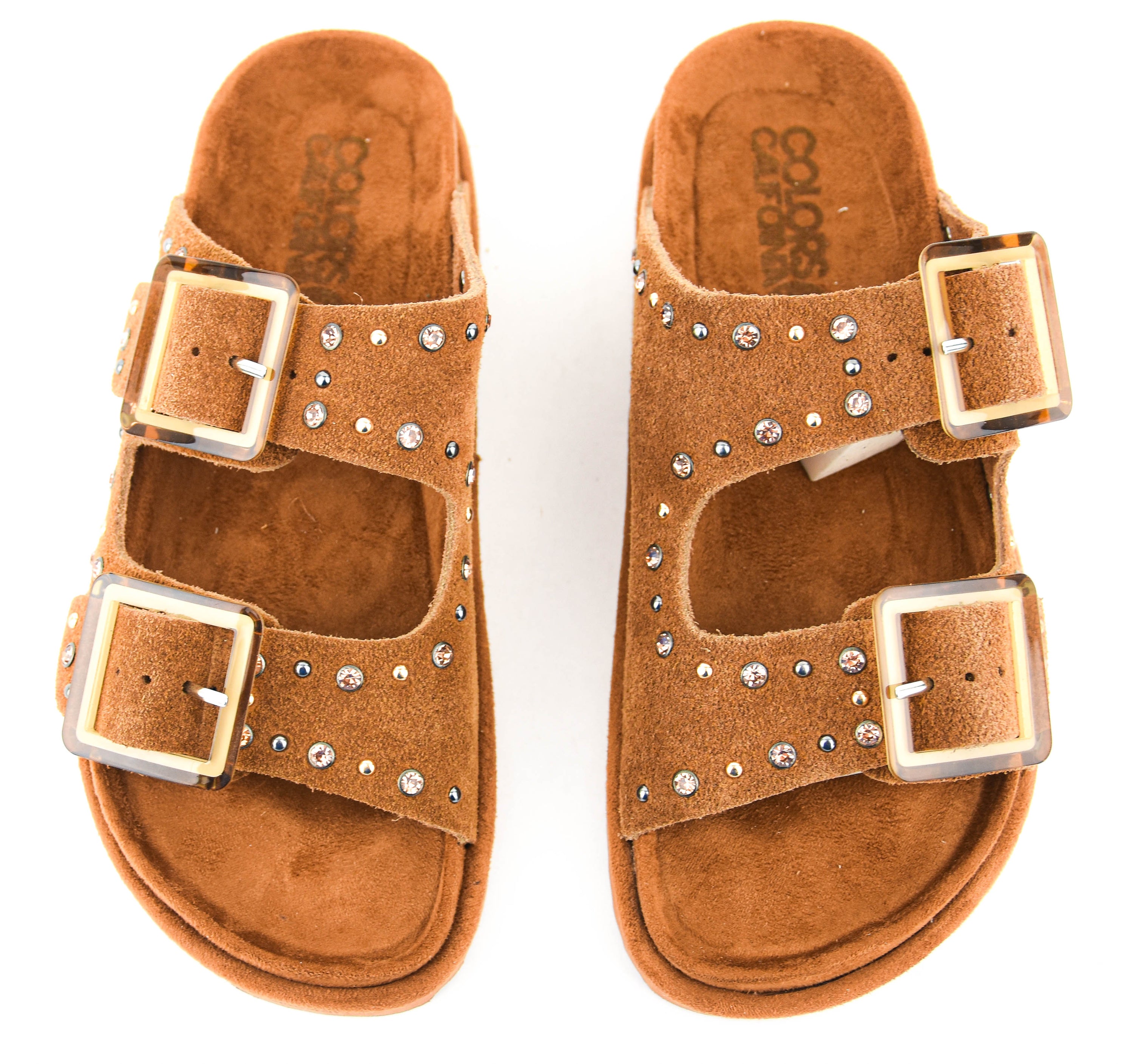 COLORS OF CALIFORNIA TWO BUCKLE LEATHER STUDS SUEDE TAN