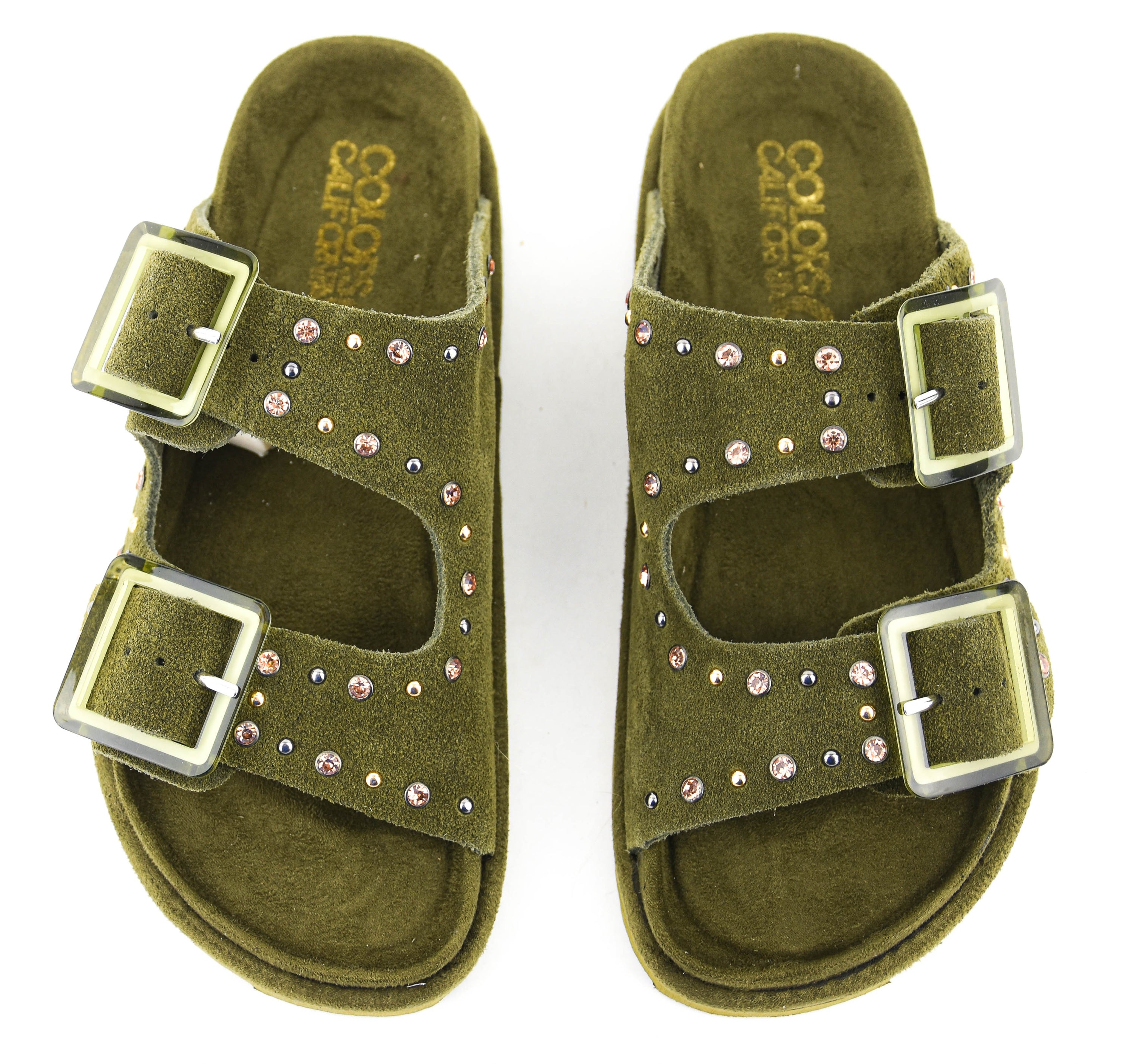 COLORS OF CALIFORNIA TWO BUCKLE LEATHER STUDS SUEDE KAKI