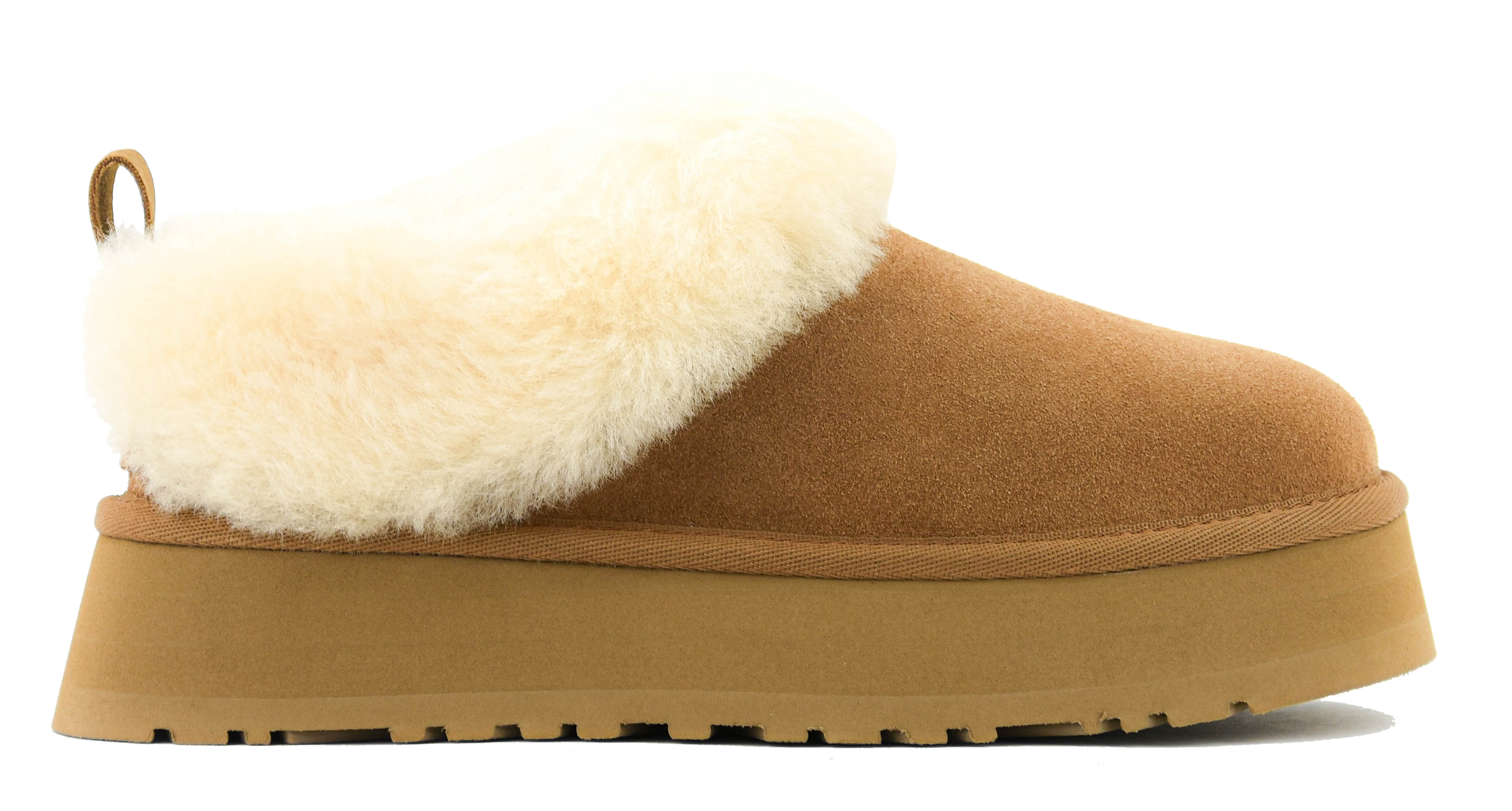 Tan slipper with white fur lining on a white background