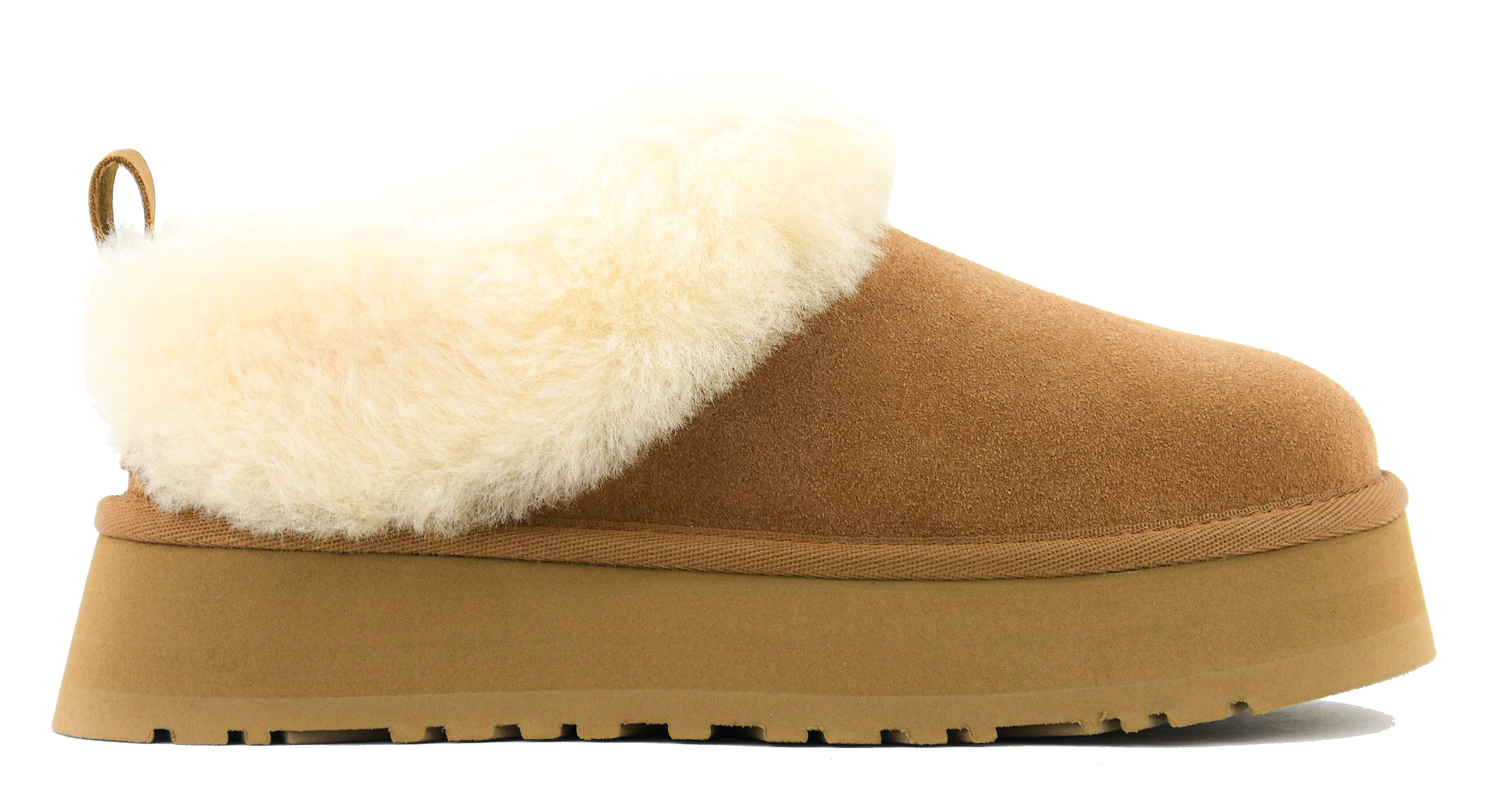 Tan slipper with white fur lining on a white background