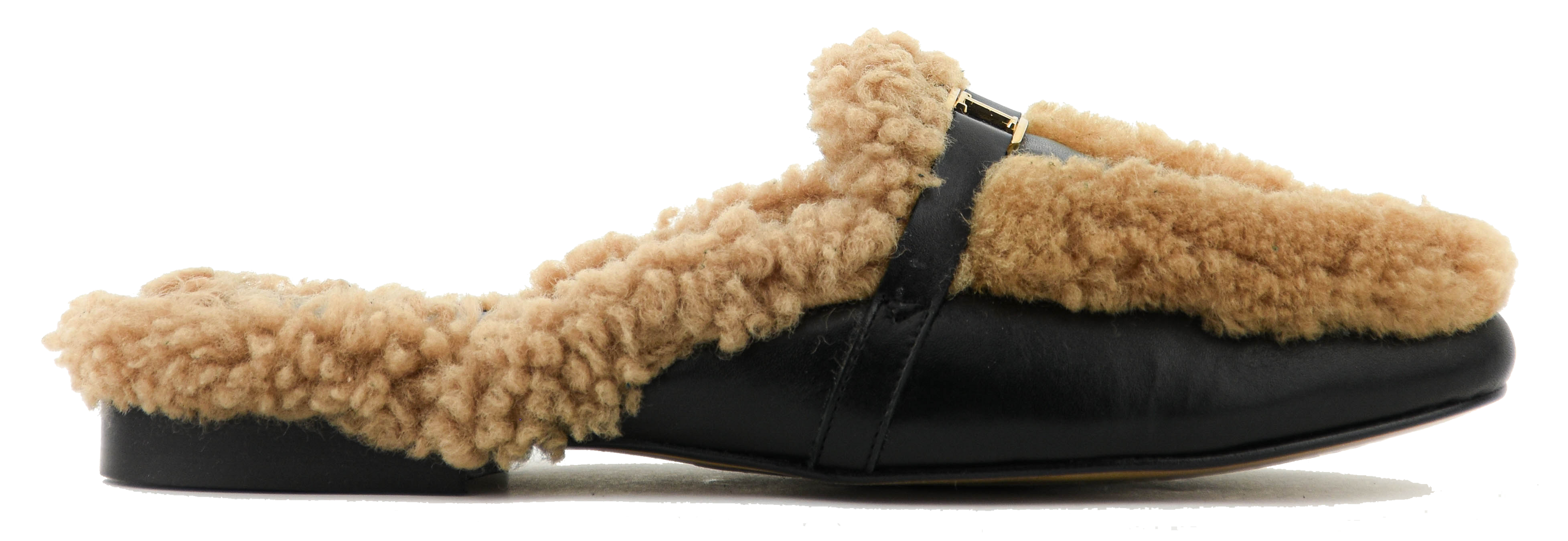 Tan shearling slipper with black sole on a white background