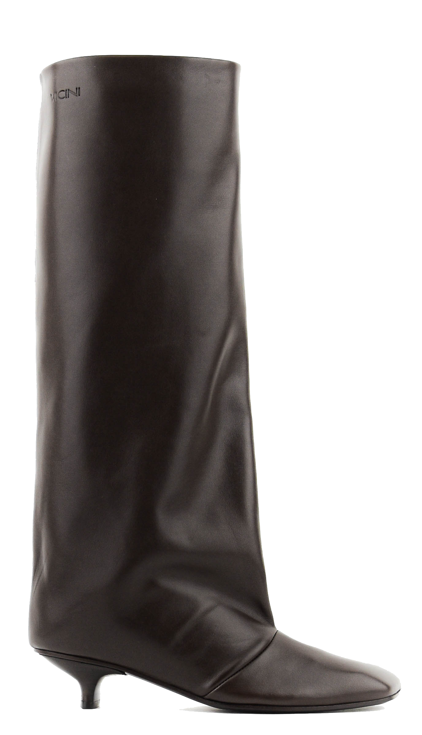 Brown knee-high boot on a white background