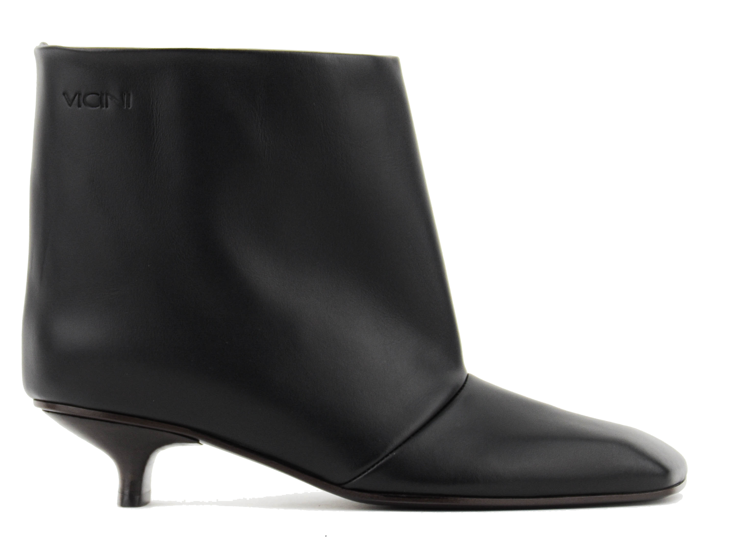 Black ankle boot with a slight heel on a white background