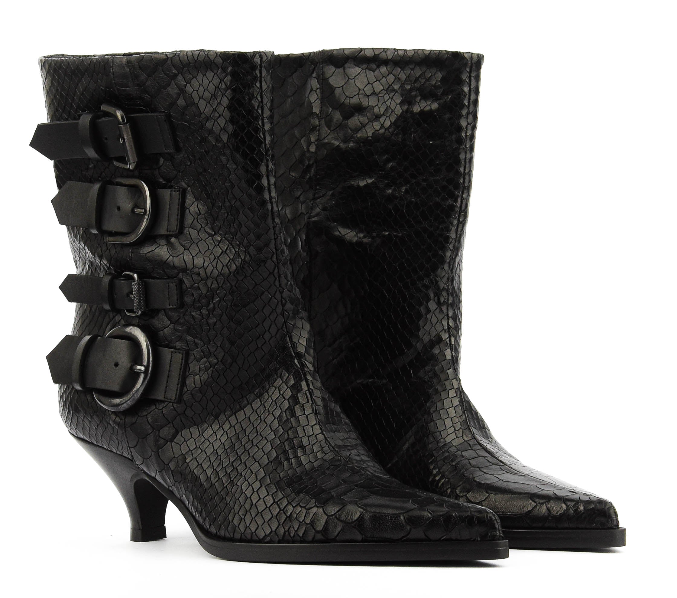ELENA IACHI MULTI BUCKLE BOOTIE BLACK SNAKE
