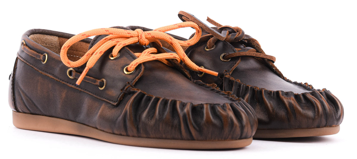 POSA BOAT LOAFER WRINKLE BRUSHED LEATHER DARK BROWN