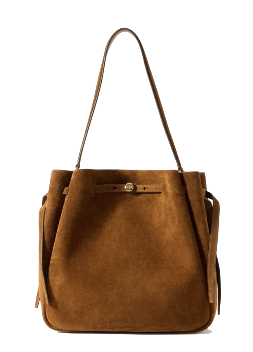 TORY BURCH ROMY SUEDE LARGE BUCKET CARAMEL
