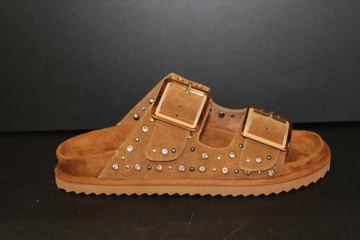 COLORS OF CALIFORNIA TWO BUCKLE LEATHER STUDS SUEDE TAN