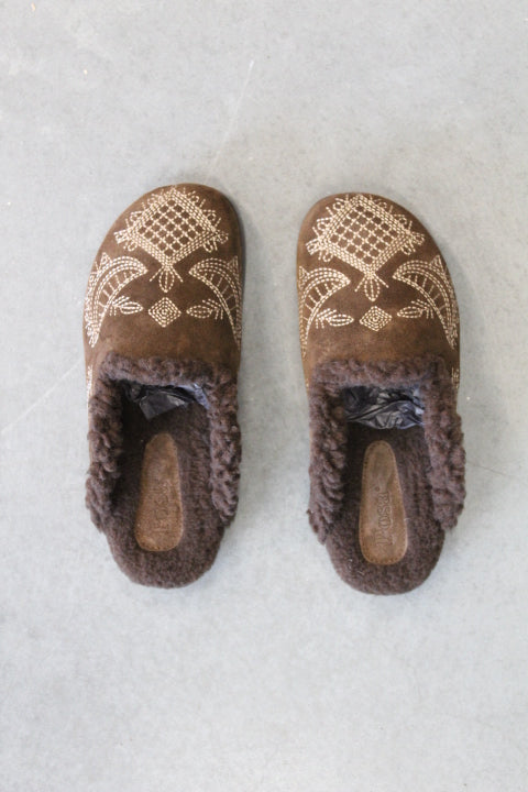 POSA BOAT MULE BOHEMIAN SUEDE FUR DARK BROWN